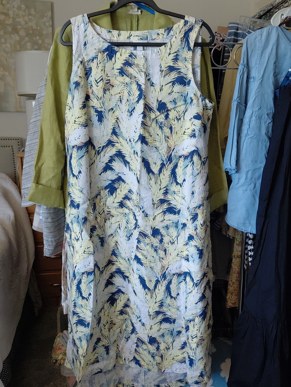 J. Jill Linen Sleeveless Palm-Print Maxi Dress in Yellow & Navy L - Picture 1 of 5